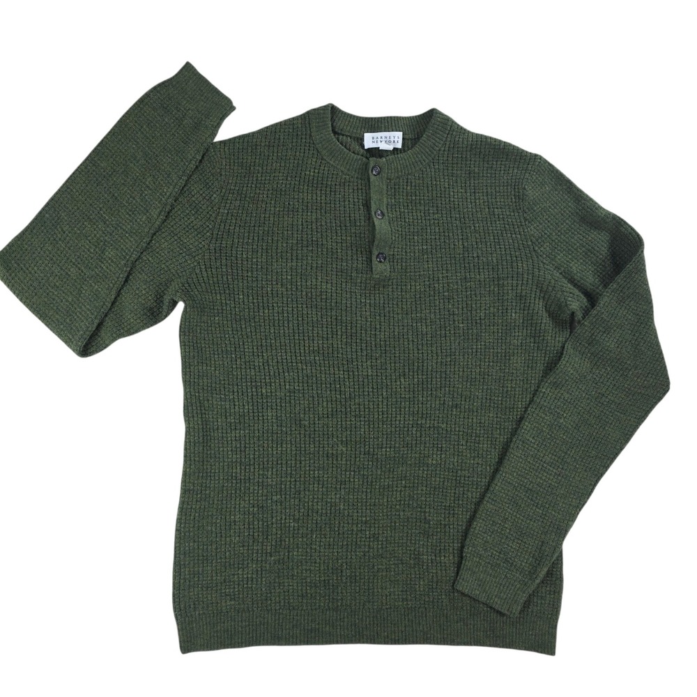 Barneys New York Vintage Waffle Knit Wool Henley Sweater Green XS Mens